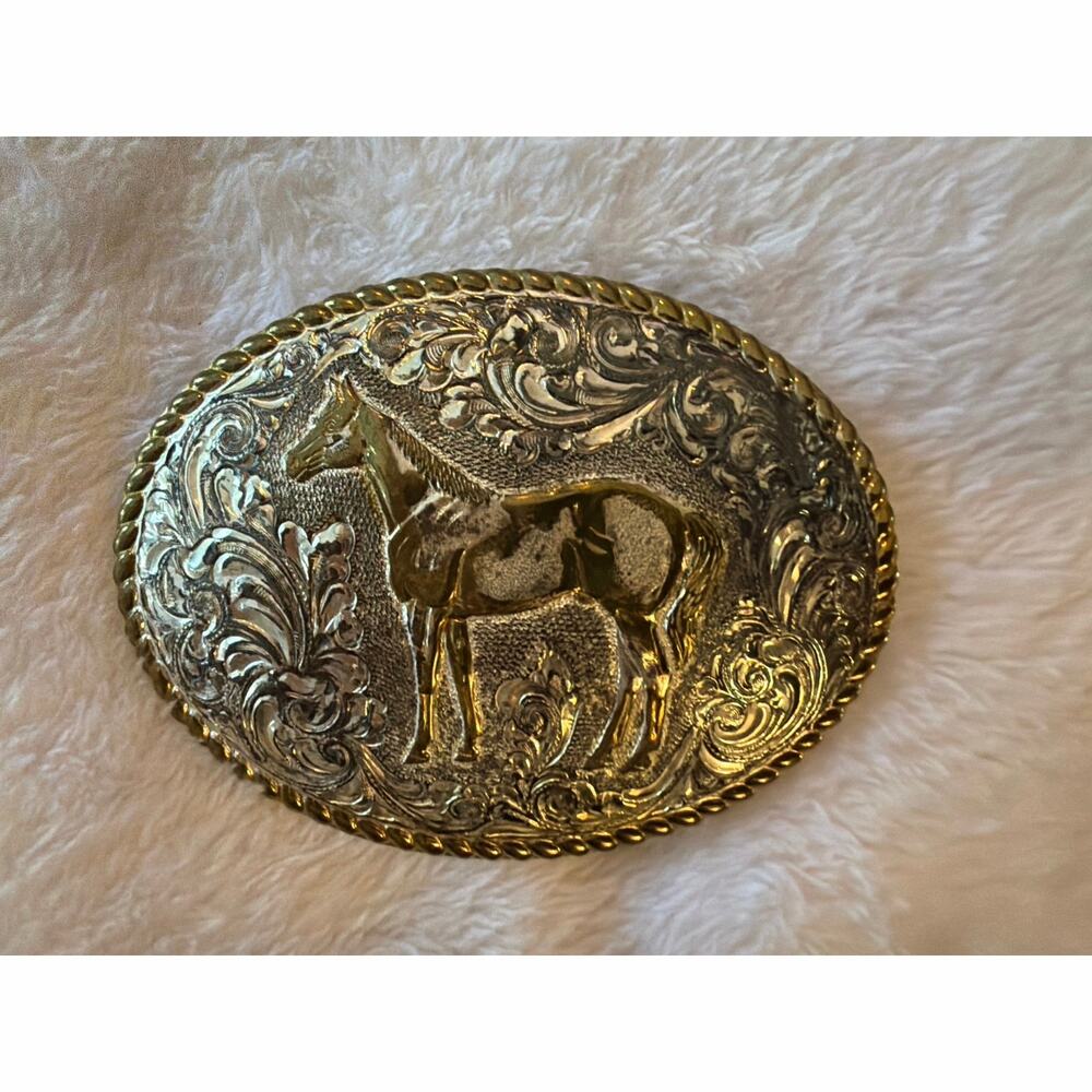 Vintage Crumrine Mfg USA Deer Western Belt Buckle Gold Silver Tone Oval Buck